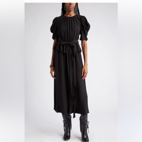 Ulla Johnson Marion Puff Sleeve Belted Peplum Midi Dress - Picture 4 of 12
